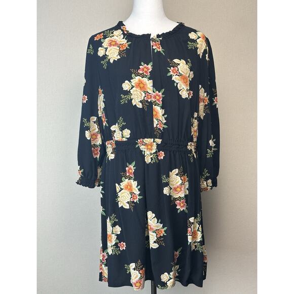 Ann Taylor Loft Women’s Sz XL 100% Rayon Black With Flowers Dress 3/4 Sleeves - Picture 1 of 14